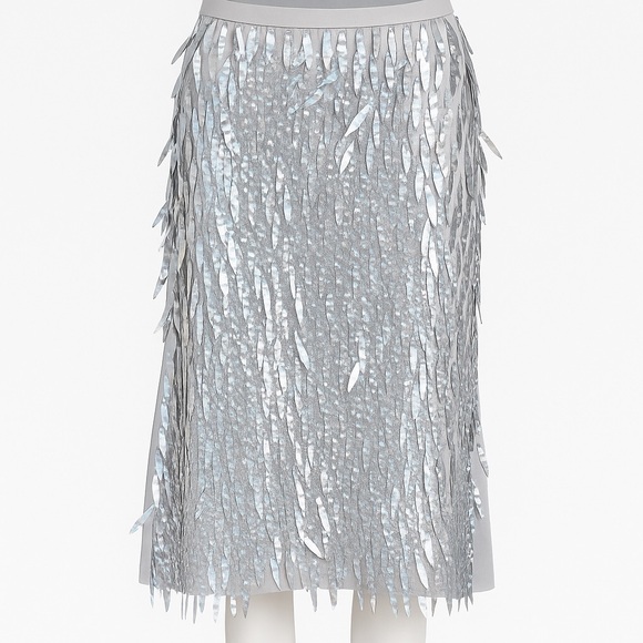 Anthropologie Sz 0P Silver Holographic Fringe Midi Skirt Holiday New Years Party - Picture 4 of 12